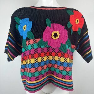 Vintage Carole Little Bright Colorful Floral Knit Black 80s Sweater Size…